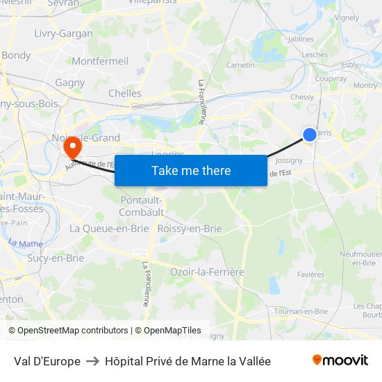Val D'Europe to Hôpital Privé de Marne la Vallée map
