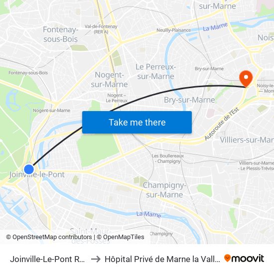 Joinville-Le-Pont RER to Hôpital Privé de Marne la Vallée map