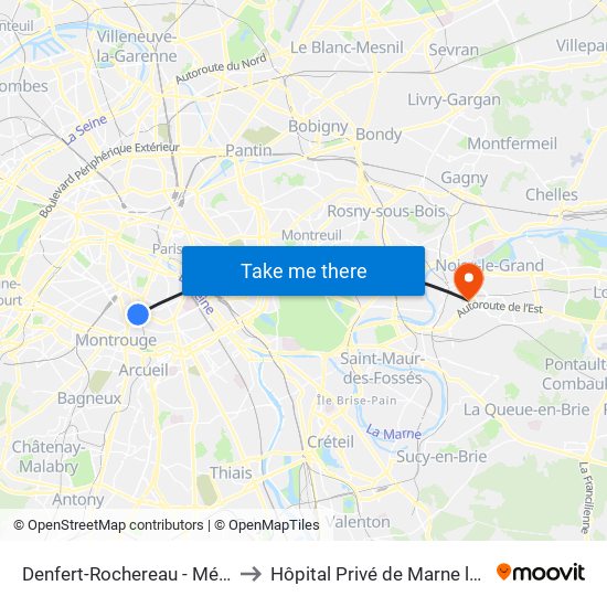 Denfert-Rochereau - Métro-Rer to Hôpital Privé de Marne la Vallée map