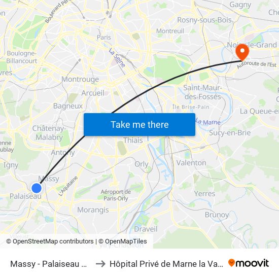 Massy - Palaiseau RER to Hôpital Privé de Marne la Vallée map