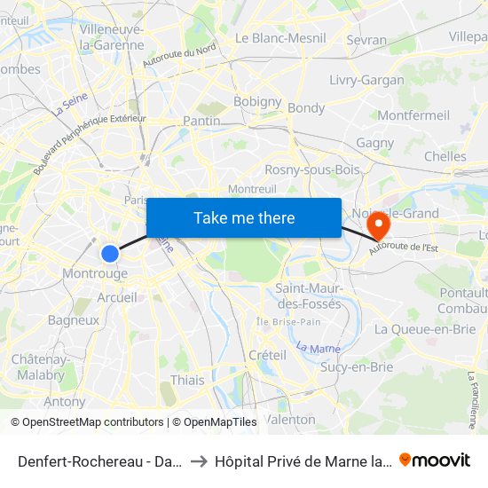 Denfert-Rochereau - Daguerre to Hôpital Privé de Marne la Vallée map