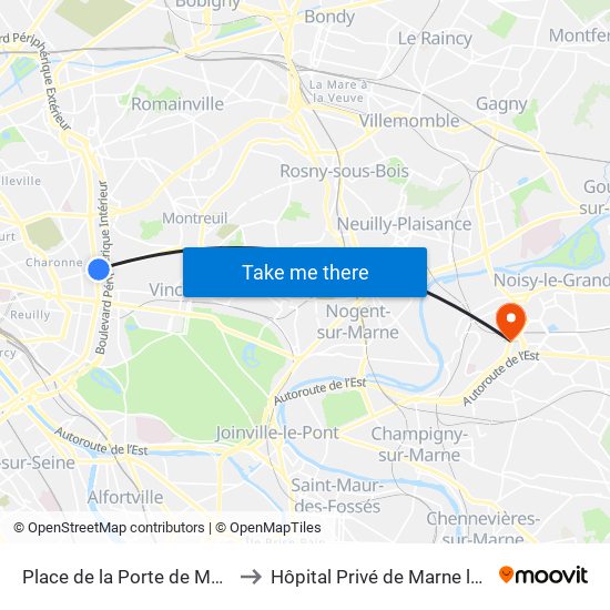 Place de la Porte de Montreuil to Hôpital Privé de Marne la Vallée map