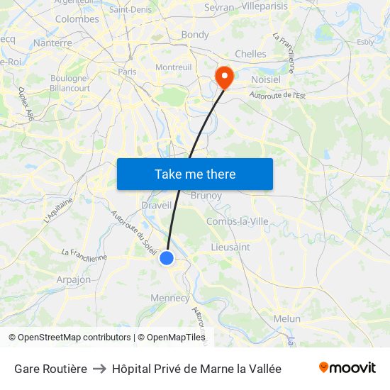 Gare Routière to Hôpital Privé de Marne la Vallée map