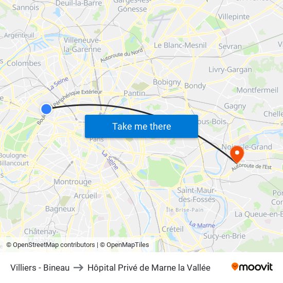 Villiers - Bineau to Hôpital Privé de Marne la Vallée map