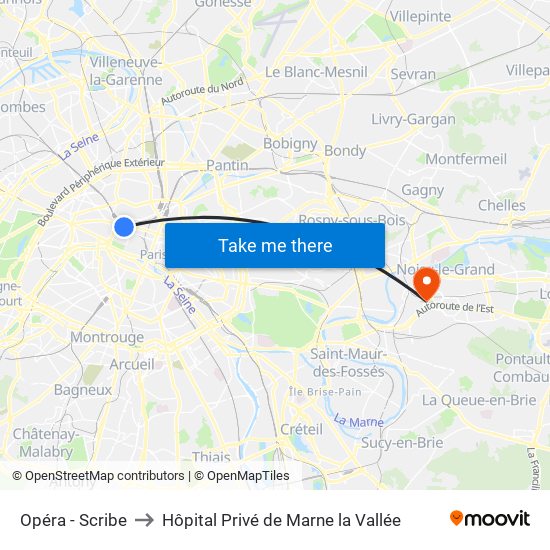 Opéra - Scribe to Hôpital Privé de Marne la Vallée map