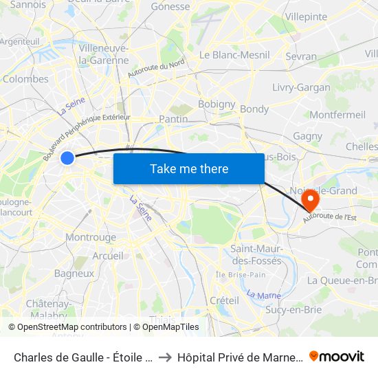 Charles de Gaulle - Étoile - Wagram to Hôpital Privé de Marne la Vallée map