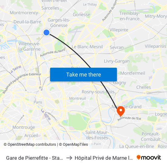 Gare de Pierrefitte - Stains RER to Hôpital Privé de Marne la Vallée map