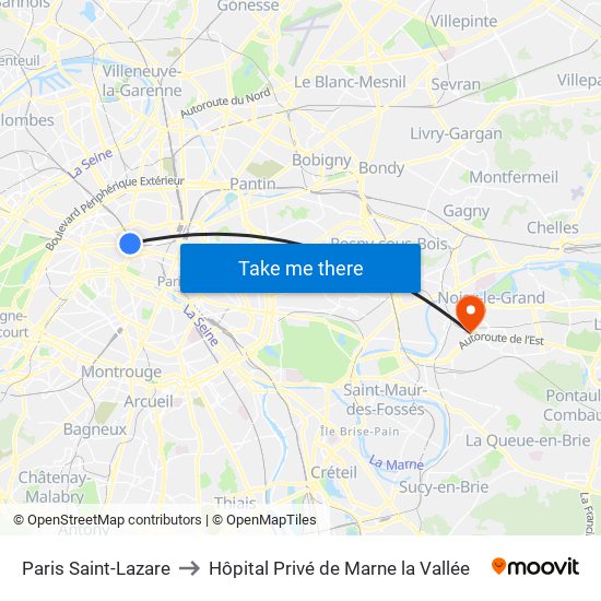 Paris Saint-Lazare to Hôpital Privé de Marne la Vallée map