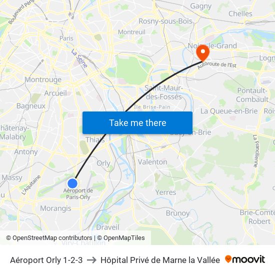 Aéroport Orly 1-2-3 to Hôpital Privé de Marne la Vallée map