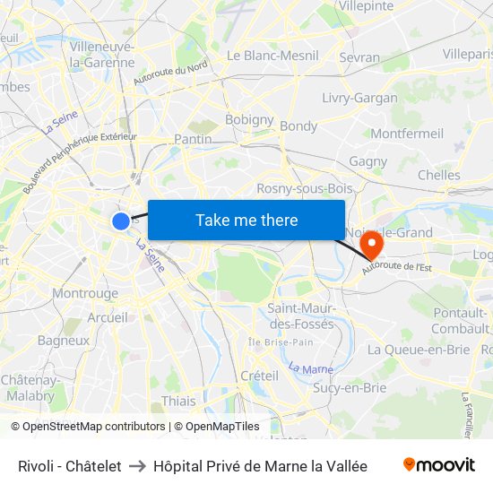 Rivoli - Châtelet to Hôpital Privé de Marne la Vallée map