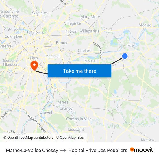 Marne-La-Vallée Chessy to Hôpital Privé Des Peupliers map
