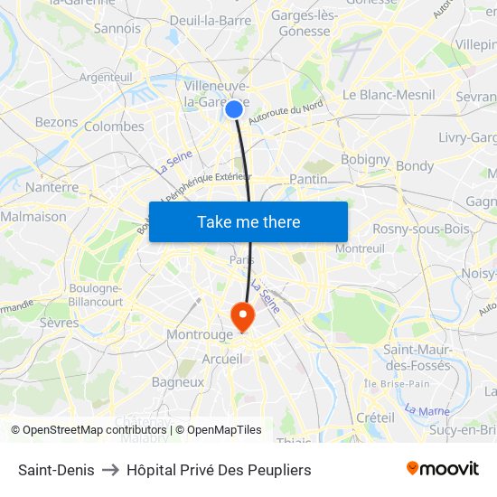 Saint-Denis to Hôpital Privé Des Peupliers map