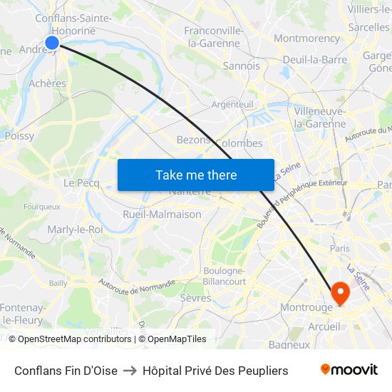 Conflans Fin D'Oise to Hôpital Privé Des Peupliers map