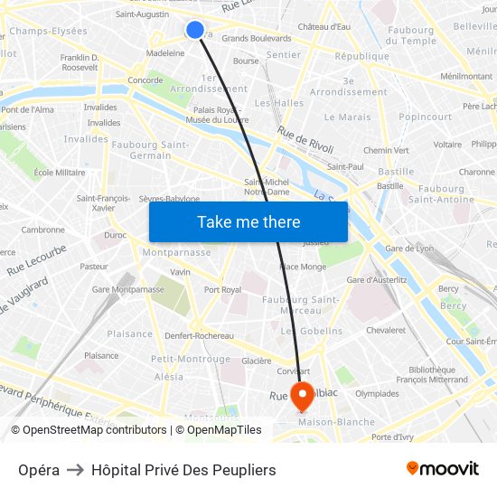 Opéra to Hôpital Privé Des Peupliers map