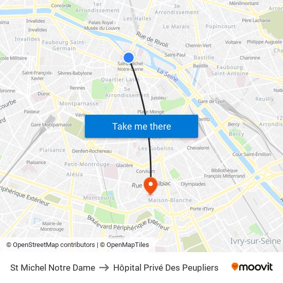 St Michel Notre Dame to Hôpital Privé Des Peupliers map