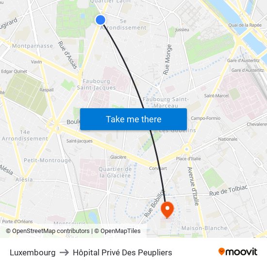 Luxembourg to Hôpital Privé Des Peupliers map