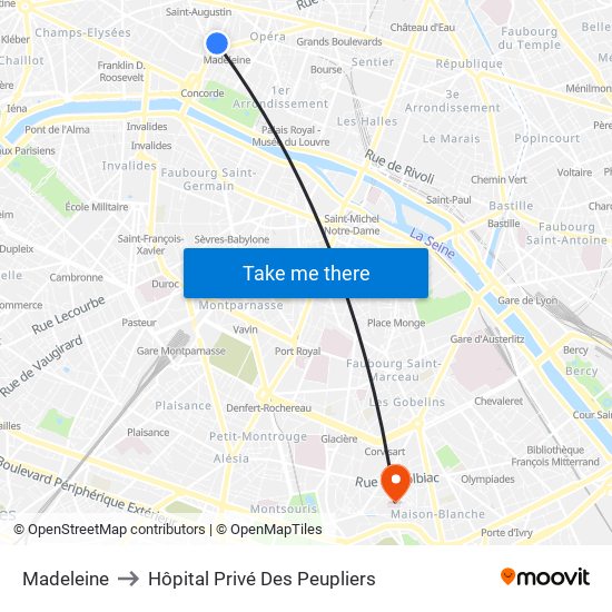 Madeleine to Hôpital Privé Des Peupliers map