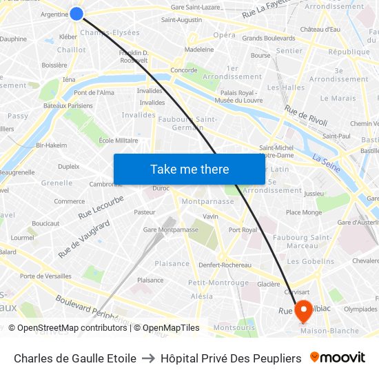 Charles de Gaulle Etoile to Hôpital Privé Des Peupliers map