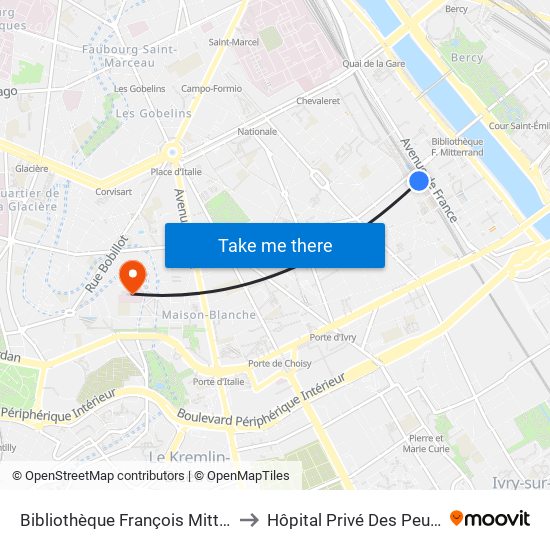 Bibliothèque François Mitterrand to Hôpital Privé Des Peupliers map