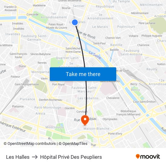 Les Halles to Hôpital Privé Des Peupliers map