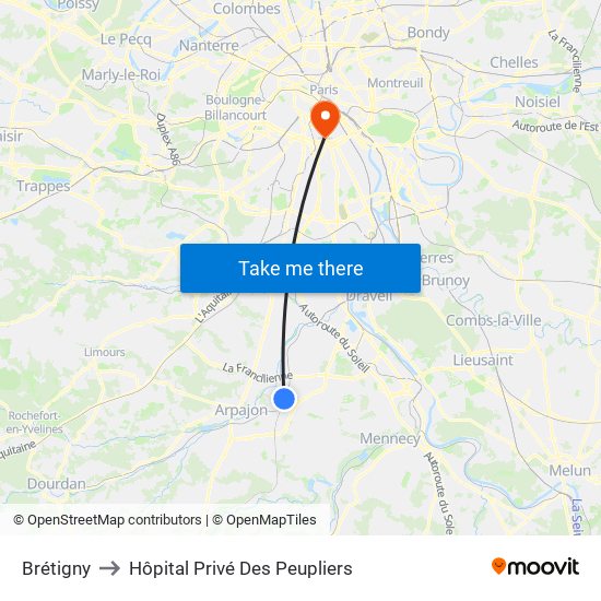 Brétigny to Hôpital Privé Des Peupliers map