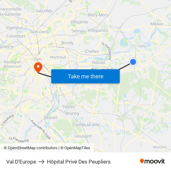 Val D'Europe to Hôpital Privé Des Peupliers map