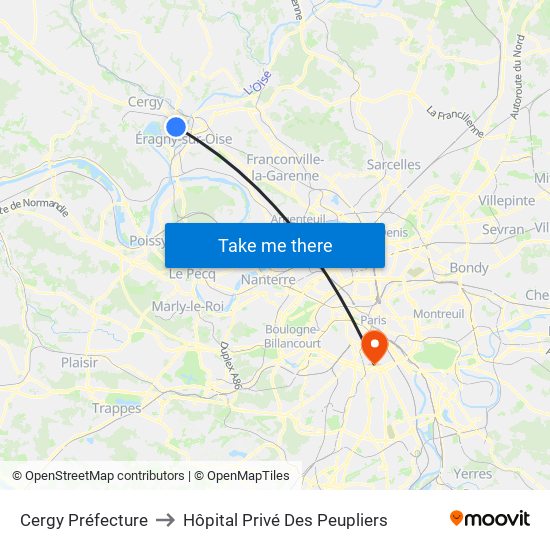 Cergy Préfecture to Hôpital Privé Des Peupliers map