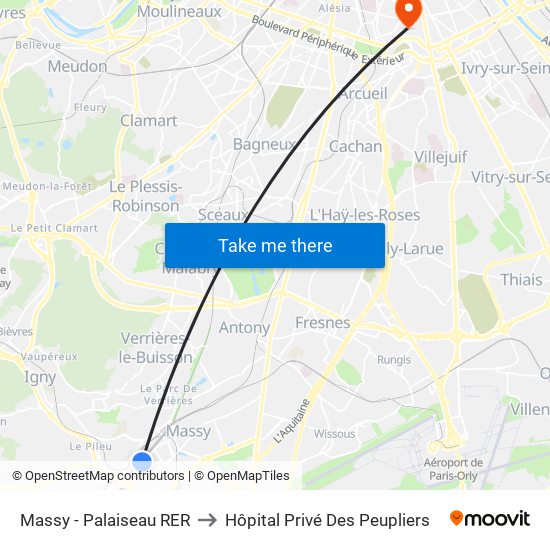 Massy - Palaiseau RER to Hôpital Privé Des Peupliers map