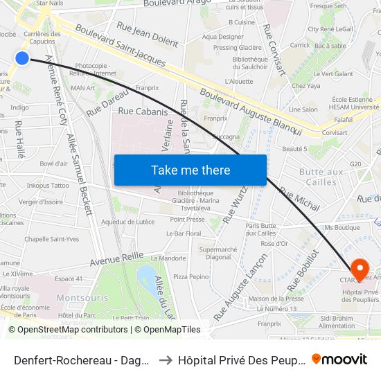 Denfert-Rochereau - Daguerre to Hôpital Privé Des Peupliers map