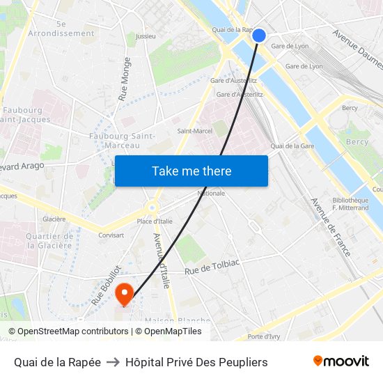 Quai de la Rapée to Hôpital Privé Des Peupliers map