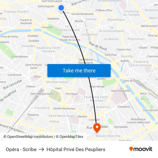 Opéra - Scribe to Hôpital Privé Des Peupliers map