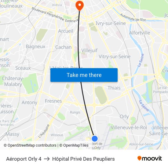 Aéroport Orly 4 to Hôpital Privé Des Peupliers map