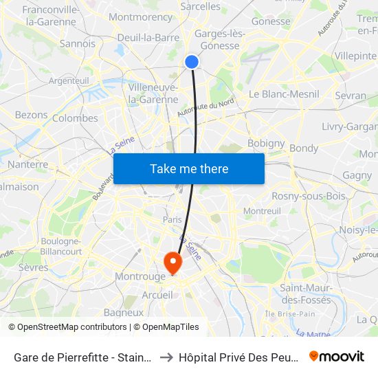 Gare de Pierrefitte - Stains RER to Hôpital Privé Des Peupliers map