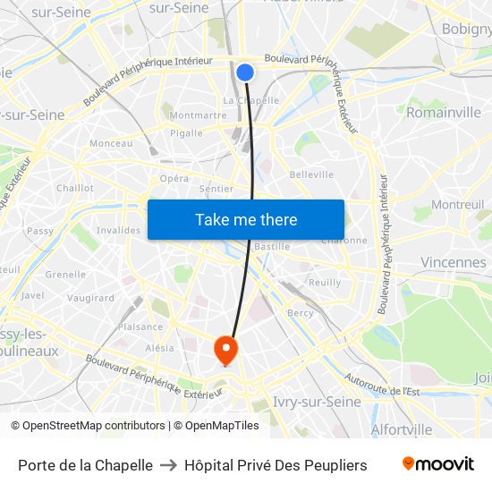 Porte de la Chapelle to Hôpital Privé Des Peupliers map