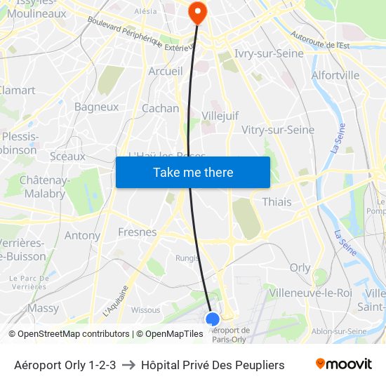 Aéroport Orly 1-2-3 to Hôpital Privé Des Peupliers map