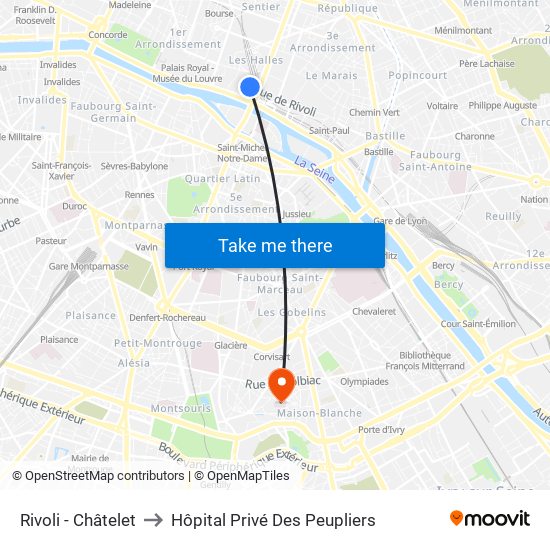 Rivoli - Châtelet to Hôpital Privé Des Peupliers map