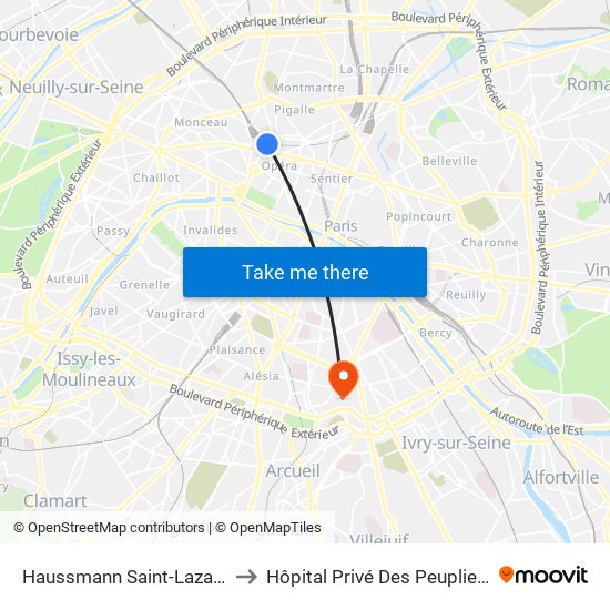 Haussmann Saint-Lazare to Hôpital Privé Des Peupliers map