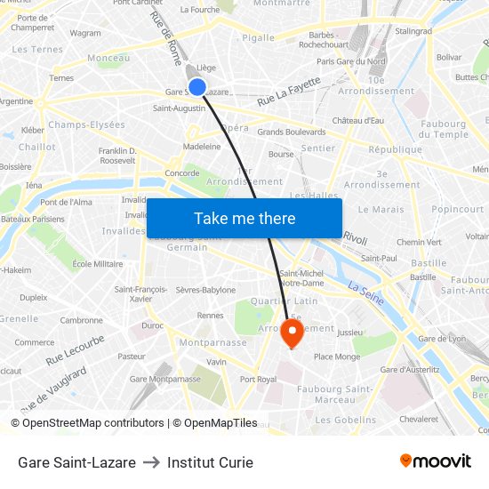 Gare Saint-Lazare to Institut Curie map