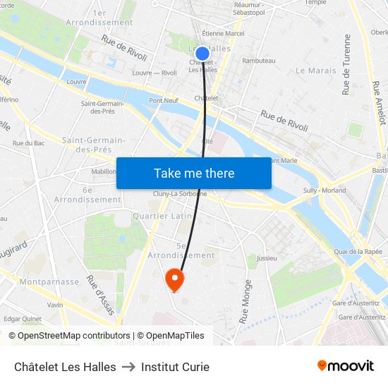 Châtelet Les Halles to Institut Curie map