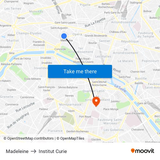 Madeleine to Institut Curie map