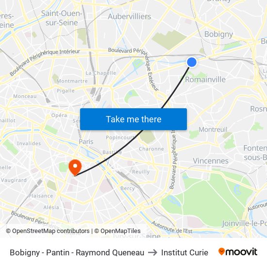 Bobigny - Pantin - Raymond Queneau to Institut Curie map