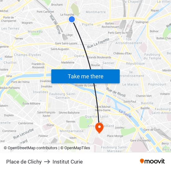 Place de Clichy to Institut Curie map