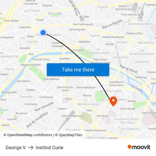 George V to Institut Curie map