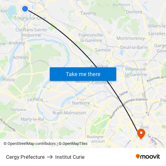 Cergy Préfecture to Institut Curie map