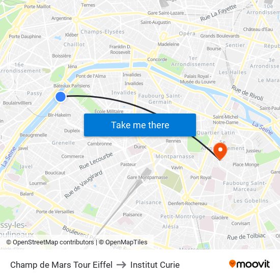 Champ de Mars Tour Eiffel to Institut Curie map