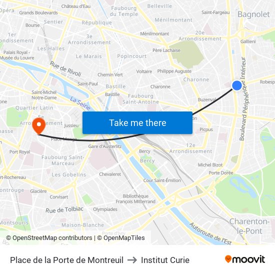 Place de la Porte de Montreuil to Institut Curie map