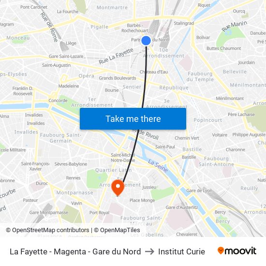 La Fayette - Magenta - Gare du Nord to Institut Curie map