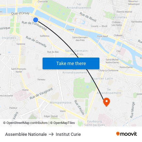 Assemblée Nationale to Institut Curie map