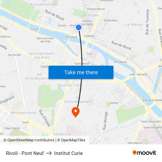Rivoli - Pont Neuf to Institut Curie map