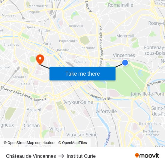 Château de Vincennes to Institut Curie map